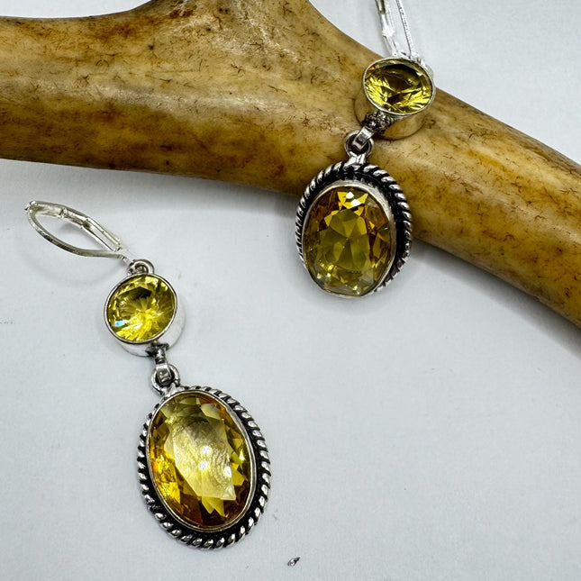 Vintage Yellow Citrine Glass Silver Earrings