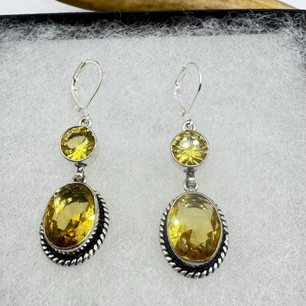 Vintage Yellow Citrine Glass Silver Earrings