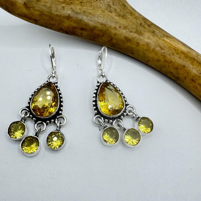 Vintage Yellow Citrine Glass Silver Earrings