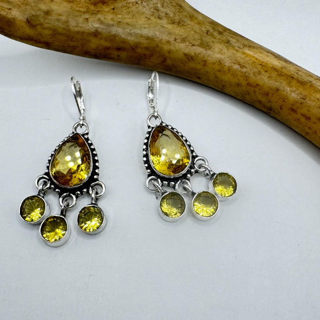 Vintage Yellow Citrine Glass Silver Earrings