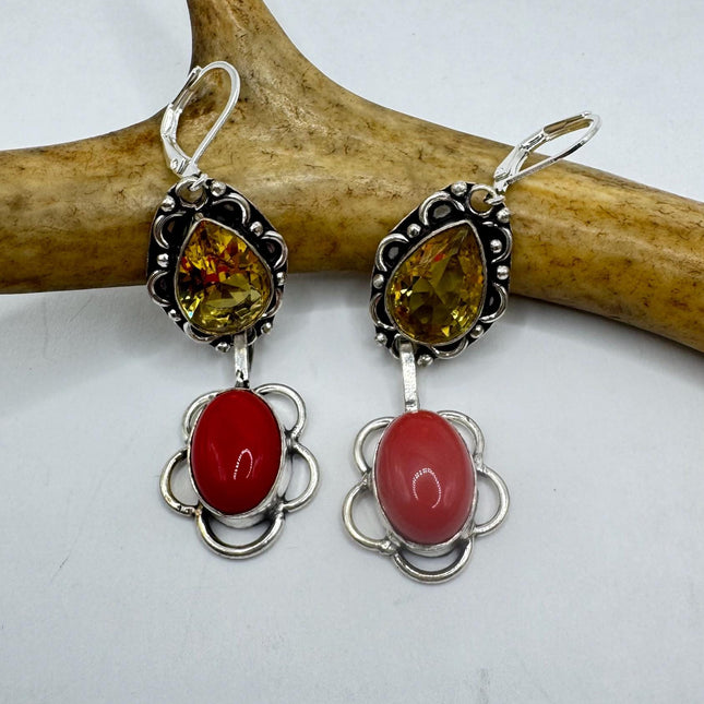 Vintage Yellow Citrine Red Coral Glass Silver Earrings