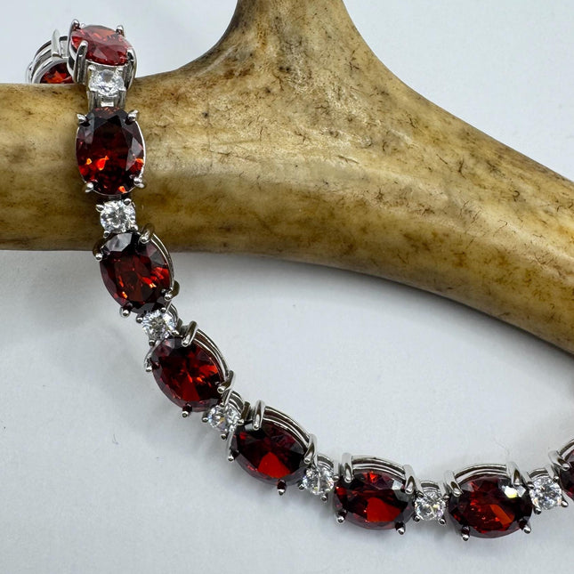 Vintage Silver Tennis Bracelet | Red Garnet Crystal Diamond Cubic Zirconia | 925 Sterling Silver Dainty Deco Minimal layered Stacking