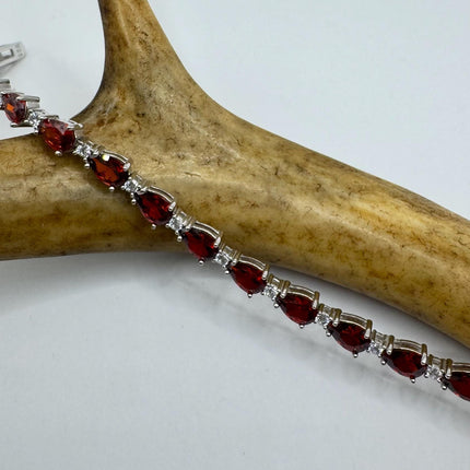 Vintage Silver Tennis Bracelet | Red Garnet Crystal Diamond Cubic Zirconia | 925 Sterling Silver Dainty Deco Minimal layered Stacking