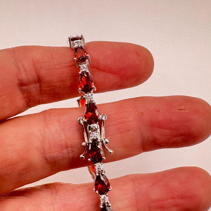 Vintage Silver Tennis Bracelet | Red Garnet Crystal Diamond Cubic Zirconia | 925 Sterling Silver Dainty Deco Minimal layered Stacking