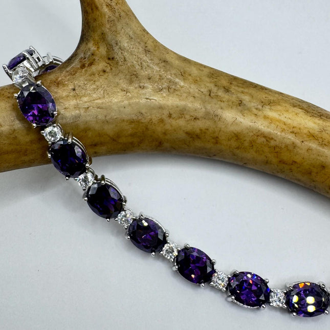 Vintage Silver Tennis Bracelet | Purple Amethyst CZ Gemstones Set in 925 Sterling Silver | February Birthstone Gift Stacking Everyday
