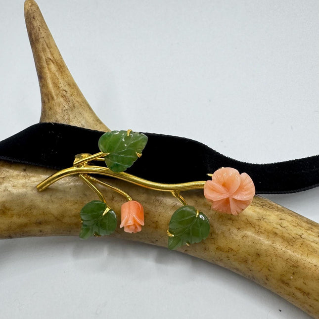 Vintage Green Jade and Pink Coral Rose Brooch Pin - Gold Filled with Velvet Choker - Small Lucky Jade Design