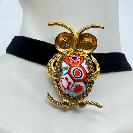 Vintage Red Art Glass Owl Brooch Pin - 14K Gold Filled