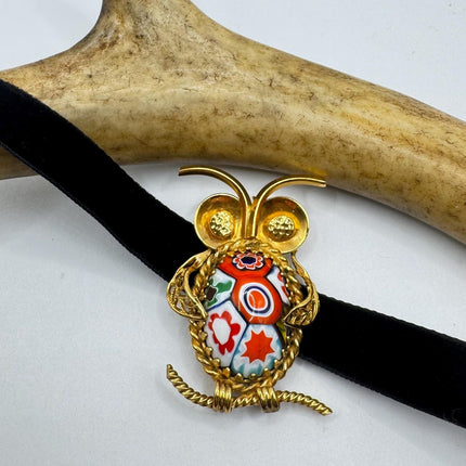 Vintage Red Art Glass Owl Brooch Pin - 14K Gold Filled