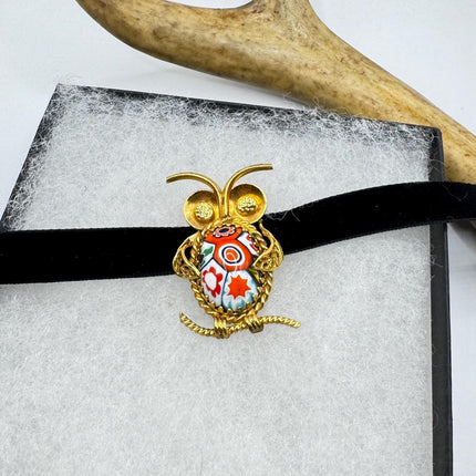 Vintage Red Art Glass Owl Brooch Pin - 14K Gold Filled