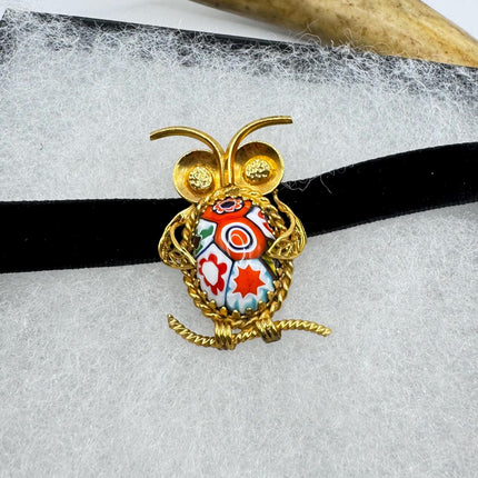 Vintage Red Art Glass Owl Brooch Pin - 14K Gold Filled