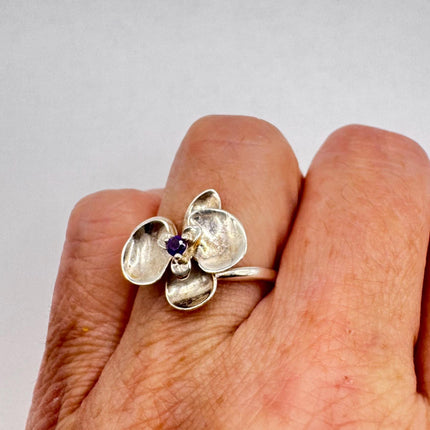 Vintage Red Orchid Silver Ring | Red Ruby Boho Cocktail | 925 Sterling Silver Antique Wedding Band Engagement Ring