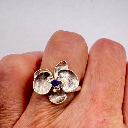 Vintage Red Orchid Silver Ring | Red Ruby Boho Cocktail | 925 Sterling Silver Antique Wedding Band Engagement Ring