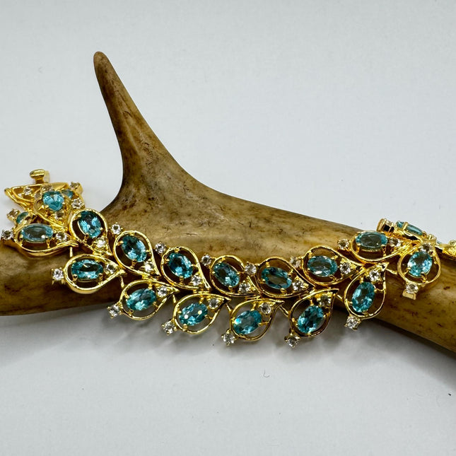 Vintage Blue Fluorite Floral Flower Design | Golden 925 Sterling Silver | Something Blue Gold Bracelet