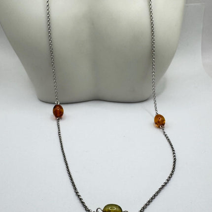 Vintage Silver Necklace | Tiny Baltic Resin Station Charm Pendant | 925 Sterling Silver 22 inch Chain Necklace | Minimalist Everyday Jewelry