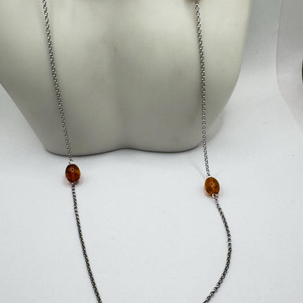 Vintage Silver Necklace | Tiny Baltic Resin Station Charm Pendant | 925 Sterling Silver 22 inch Chain Necklace | Minimalist Everyday Jewelry