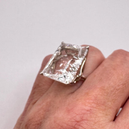 Vintage Silver Ring | Crystal Diamond Clear Quartz Boho Cocktail | 925 Sterling Silver Antique Wedding Band Engagement Ring