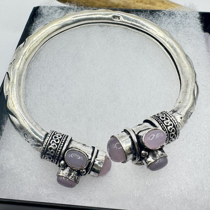 Vintage Pink Rose Quartz Silver Bangle Cuff Bracelet | African Silver Bronze Elegant Everyday