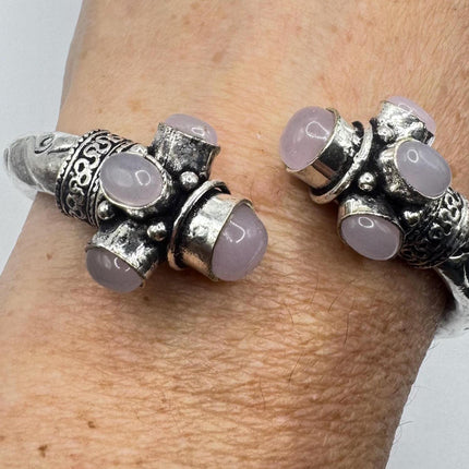 Vintage Pink Rose Quartz Silver Bangle Cuff Bracelet | African Silver Bronze Elegant Everyday