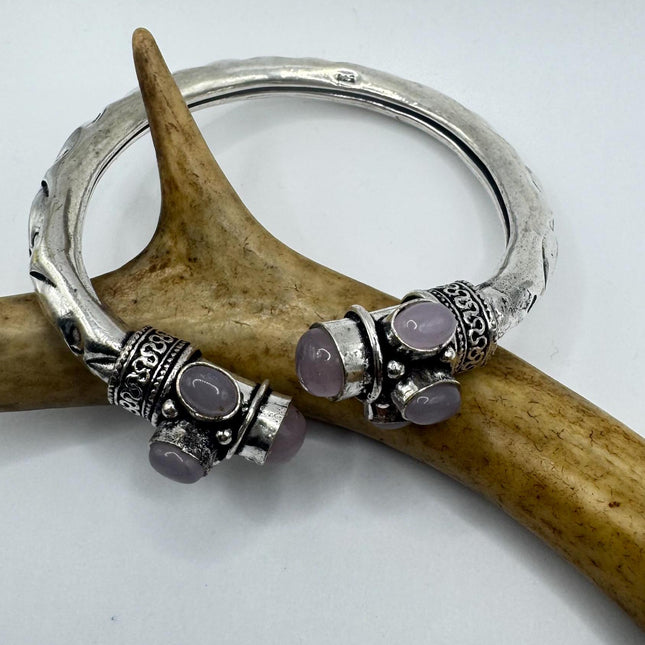 Vintage Pink Rose Quartz Silver Bangle Cuff Bracelet | African Silver Bronze Elegant Everyday