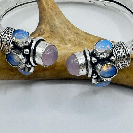 Vintage Pink Rose Quartz Silver Bangle Cuff Bracelet | African Silver Bronze Elegant Everyday