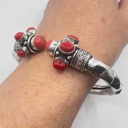 Vintage Red Coral Silver Bangle Cuff Bracelet | African Silver Bronze Elegant Everyday