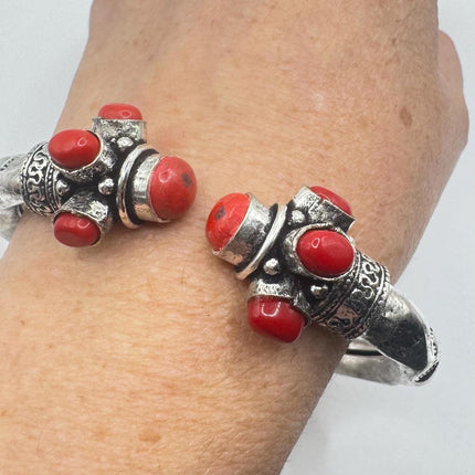 Vintage Red Coral Silver Bangle Cuff Bracelet | African Silver Bronze Elegant Everyday