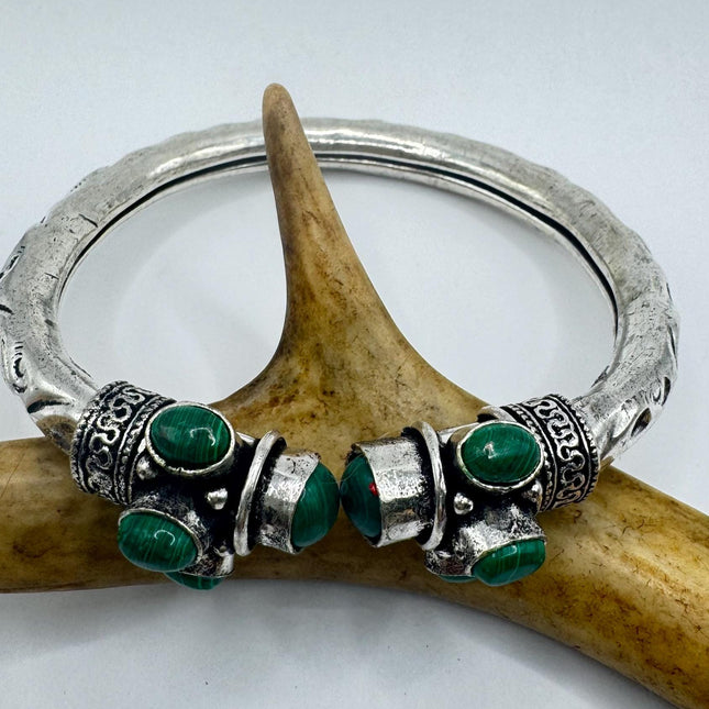 Vintage Green Malachite Silver Bangle Cuff Bracelet | African Silver Bronze Elegant Everyday