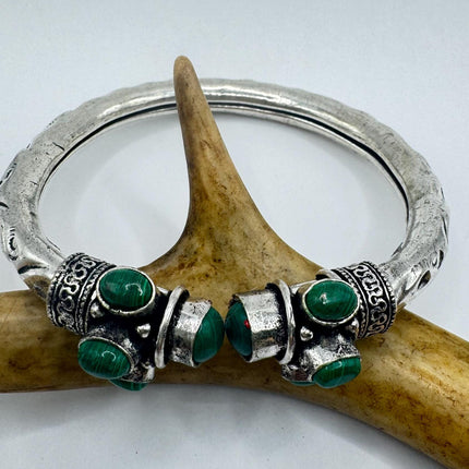 Vintage Green Malachite Silver Bangle Cuff Bracelet | African Silver Bronze Elegant Everyday