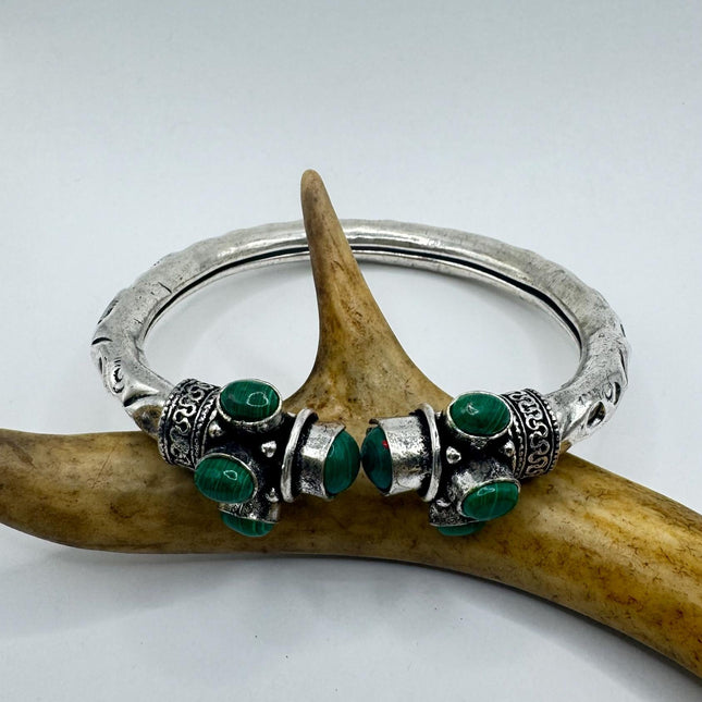 Vintage Green Malachite Silver Bangle Cuff Bracelet | African Silver Bronze Elegant Everyday