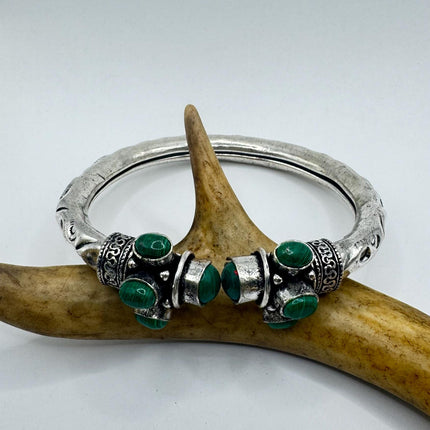 Vintage Green Malachite Silver Bangle Cuff Bracelet | African Silver Bronze Elegant Everyday