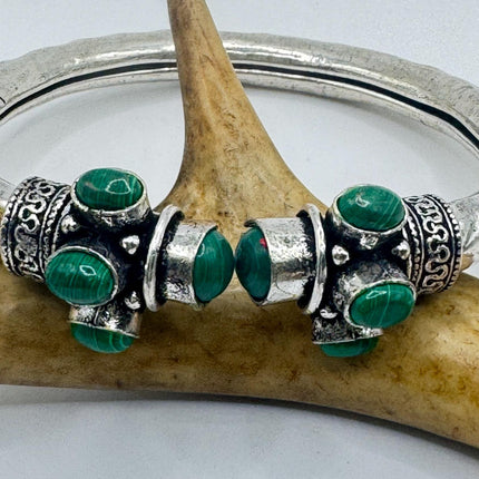 Vintage Green Malachite Silver Bangle Cuff Bracelet | African Silver Bronze Elegant Everyday