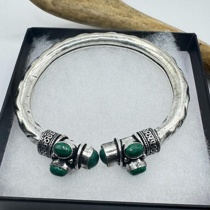 Vintage Green Malachite Silver Bangle Cuff Bracelet | African Silver Bronze Elegant Everyday