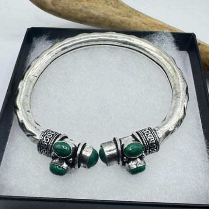 Vintage Green Malachite Silver Bangle Cuff Bracelet | African Silver Bronze Elegant Everyday