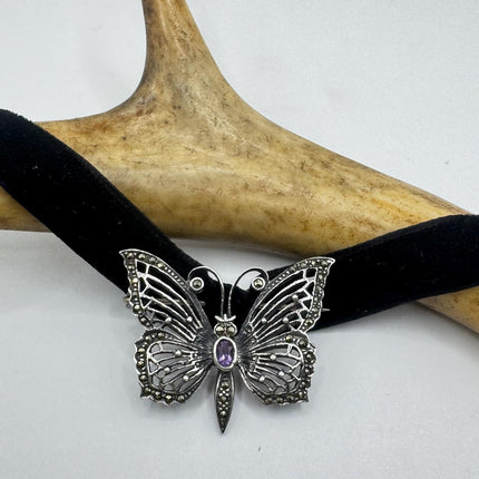 Vintage Brooch Pin – 925 Sterling Silver Butterfly Marcasite Purple Amethyst Gemstones Deco Scatter pin on Black velvet Choker