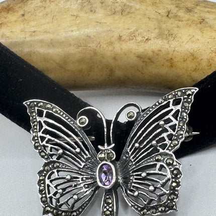 Vintage Brooch Pin – 925 Sterling Silver Butterfly Marcasite Purple Amethyst Gemstones Deco Scatter pin on Black velvet Choker