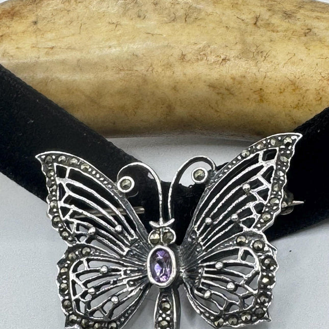 Vintage Brooch Pin – 925 Sterling Silver Butterfly Marcasite Purple Amethyst Gemstones Deco Scatter pin on Black velvet Choker