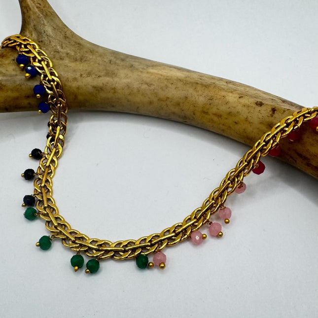 Vintage Mixed Gemstone Station Bracelet | Ankle Bracelet | Stacking Layered | Gold Filled With Rainbow gemstone Beads