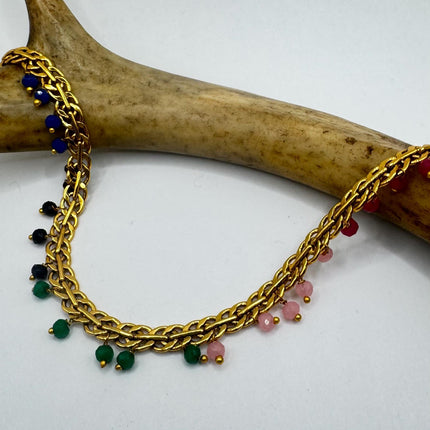 Vintage Mixed Gemstone Station Bracelet | Ankle Bracelet | Stacking Layered | Gold Filled With Rainbow gemstone Beads