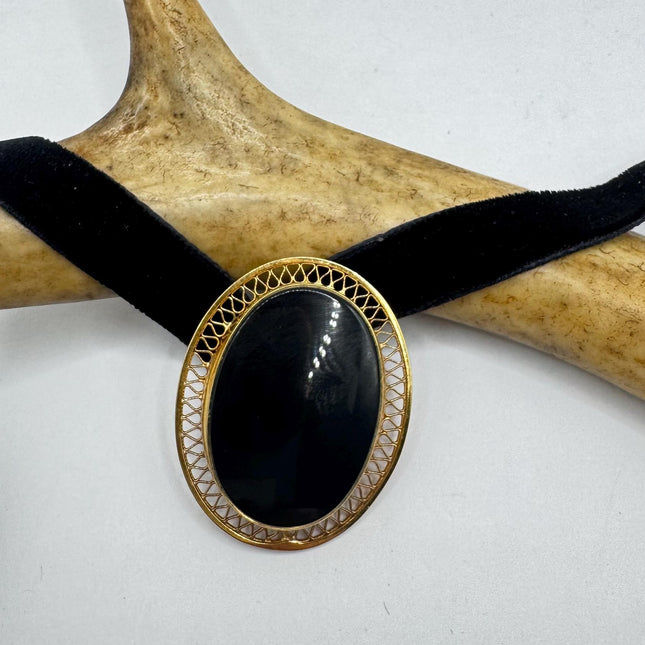 Vintage Lucky Black Onyx Brooch Pin - Gold Filled - Black Velvet Choker - Small and Simple