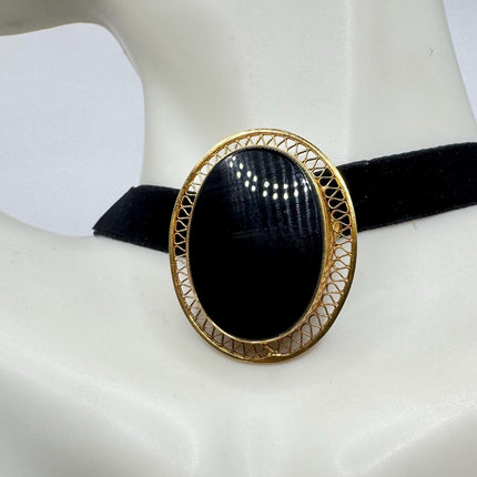 Vintage Lucky Black Onyx Brooch Pin - Gold Filled - Black Velvet Choker - Small and Simple