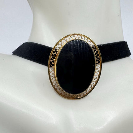 Vintage Lucky Black Onyx Brooch Pin - Gold Filled - Black Velvet Choker - Small and Simple