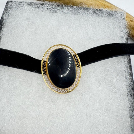 Vintage Lucky Black Onyx Brooch Pin - Gold Filled - Black Velvet Choker - Small and Simple