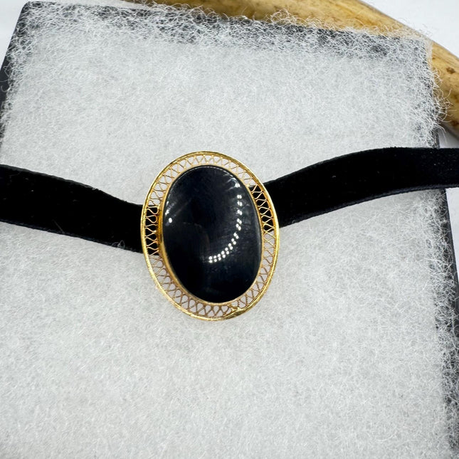 Vintage Lucky Black Onyx Brooch Pin - Gold Filled - Black Velvet Choker - Small and Simple