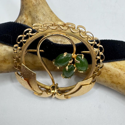 Vintage Green Jade Brooch Pin - Gold Filled with Velvet Choker - Small Lucky Jade Design
