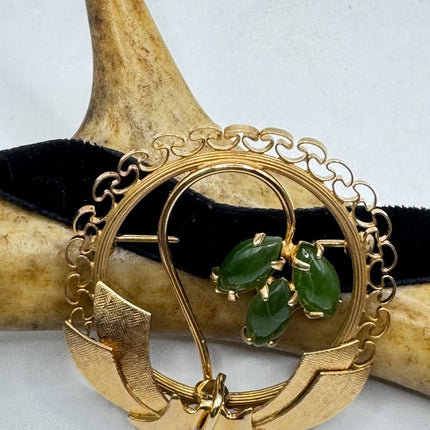 Vintage Green Jade Brooch Pin - Gold Filled with Velvet Choker - Small Lucky Jade Design