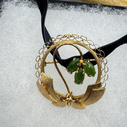 Vintage Green Jade Brooch Pin - Gold Filled with Velvet Choker - Small Lucky Jade Design