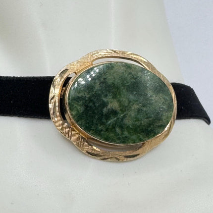 Vintage Green Jade Brooch Pin - Gold Filled with Velvet Choker - Small Lucky Jade Design