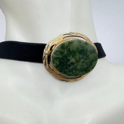 Vintage Green Jade Brooch Pin - Gold Filled with Velvet Choker - Small Lucky Jade Design