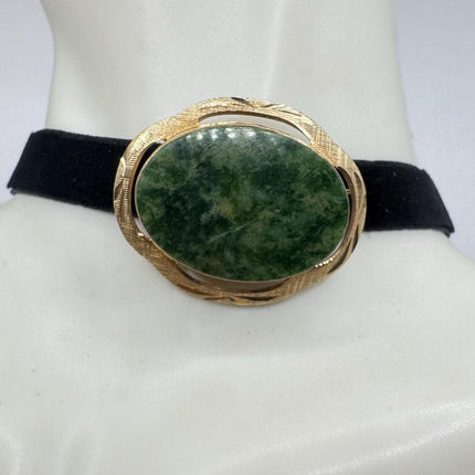 Vintage Green Jade Brooch Pin - Gold Filled with Velvet Choker - Small Lucky Jade Design