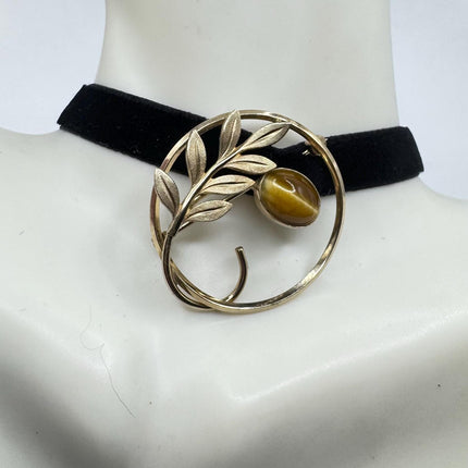 Vintage Tigers Eye Flower Brooch Pin - 14K Gold Filled on Black Velvet Ribbon Choker